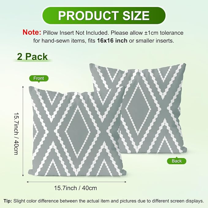 M METERXITY 2-Pack Boho Pillow Cover 16x16 Linen, Gray White Stripe | Water Resistant Boho Geometric Slipcover, for Patio, Balcony, Garden, Decor Pillow Case