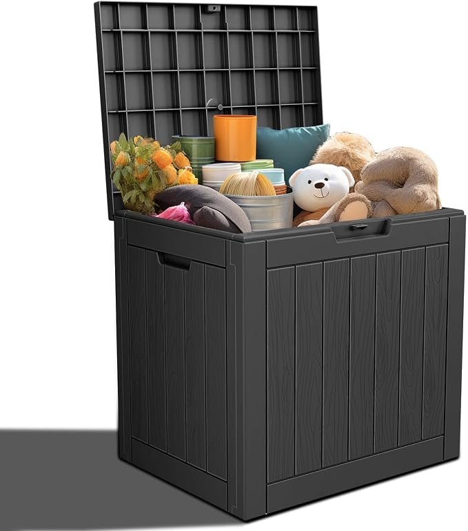 Resin Deck Box, Lockable Patio Outdoor Storage Box for Furniture, Garden Tools and Tools Storage, Waterproof Outside Storage Boxes (Black, 31 Gallon)