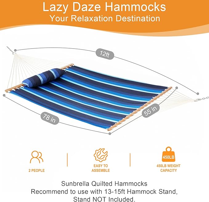 Lazy Daze Hammocks 12 FT Sunbrella Fabric Hammock not Fading with Spreader Bars and Free Pillow Fits for 2 Persons, All Weather and Fade Resistant for Patio Yard, 450 lbs Capacity, Gateway Indigo