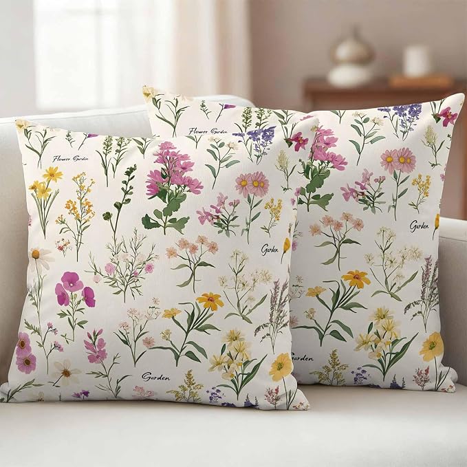 Wildflowers Outdoor Pillow Covers 26x26 Inch Throw Pillow Covers Set of 2 Waterproof Decorative Pillow Cases Blossoming Botanical Prints Garden Floral Cushion Covers for Patio Furniture Garden Couch