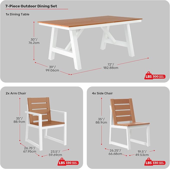 Costaelm Stinson 7-Piece Outdoor HDPE Patio Dining Table Set with Umbrella Hole & Dining Chairs for 6, Teak