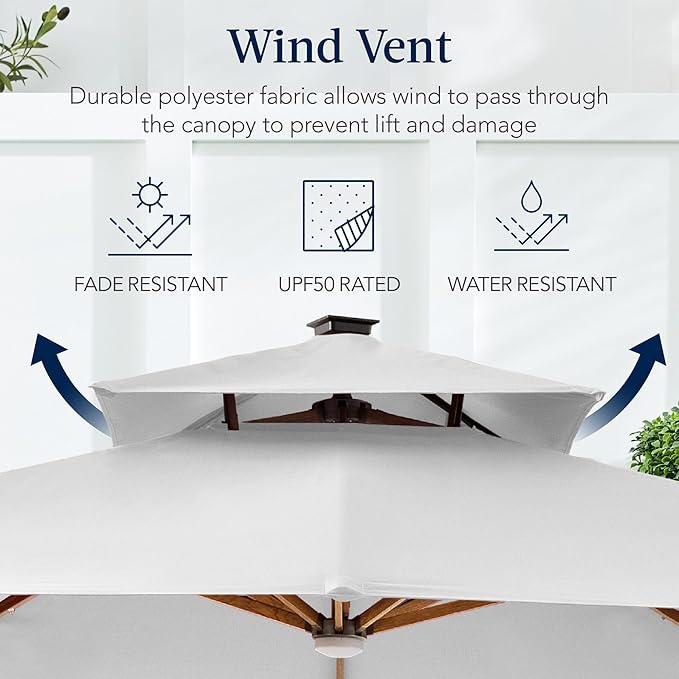 Best Choice Products 10ft Square Cantilever Patio Umbrella w/Base Included, Woodgrain Pattern Pole & Solar LED Lights, 360-Rotation, Offset Hanging Outdoor Shade