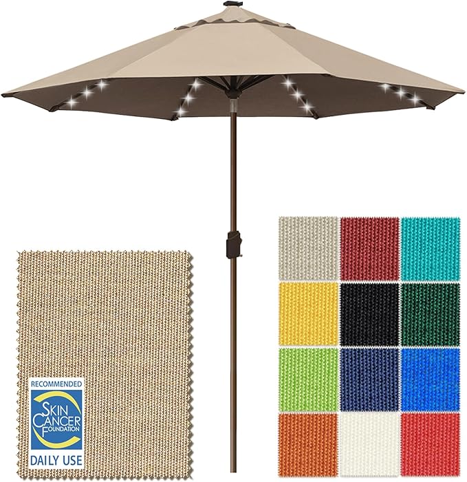 EliteShade USA 10-Year-Non-Fading 10ft Market Patio Umbrella, Commercial Grade Table Sun Umbrella with 80 Solar LED Lights, Crank Open, Windproof & UPF 50+ UV Protection for Garden, Deck, Pool, Backyard, Heather Beige