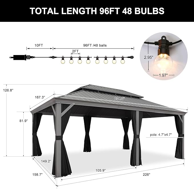 PURPLE LEAF 14' x 20' Patio Hardtop Gazebo Metal Roof Heavy Duty Wind Resistance Outdoor Permanent Large Pavilion Gazebo for Patio Deck and Garden, Netting and Curtains Included, Light Grey