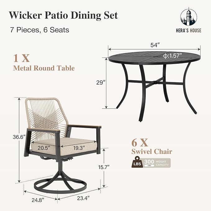 HERA'S HOUSE 7pc Patio Dining Set, 54" Round Table & 6 Rattan Chairs | Metal table with umbrella hole, cushioned chairs. Waterproof, rust-resistant, all-weather for backyard, porch.