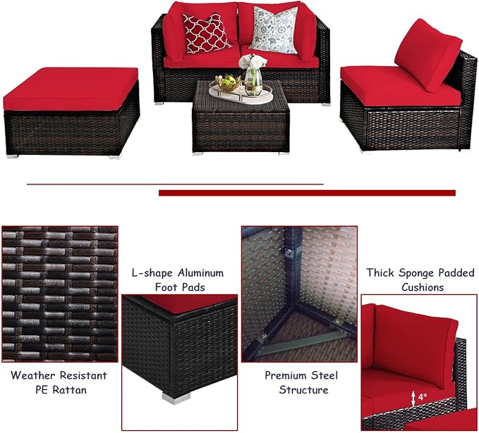 DORTALA 5 Pieces Patio Rattan Furniture Sets, Sectional Sofa Conversation Set w/Steel Frame & Sponge Cushions, Modern Wicker Combination Sofa Set w/Ottoman & Table for Garden Lawn Balcony, Red