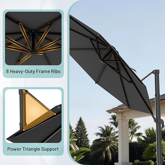 AreShark 10FT Round Cantilever Patio Umbrella with Base Included, 360° Rotation Offset Outdoor Umbrella, 5 Tilt Settings Heavy Duty Hanging Parasol for Deck Garden Pool, Grey