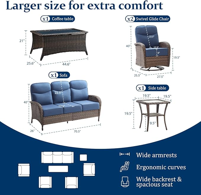 Outdoor Swivel Rocking Chair Patio Set (7-Piece), High-Back - Thick Cushion Swivel Rocking Chair Patio Set, All-Weather Wicker Patio Furniture Set, Suitable for Balcony Patios, Brown/Blue