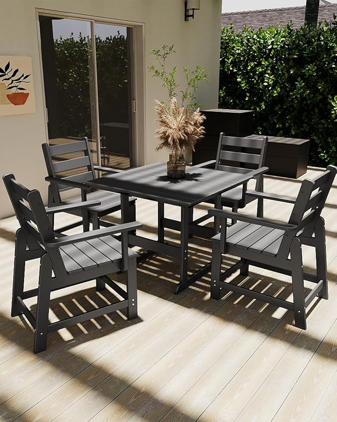GREENVINES 5-Piece-Outdoor-Dining-Set | HDPE | Square | Patio Furniture | All Weather | Removable Armrests | Slatted Table and Chairs Sets for 4 | for Backyard Poolside Garden | Grey