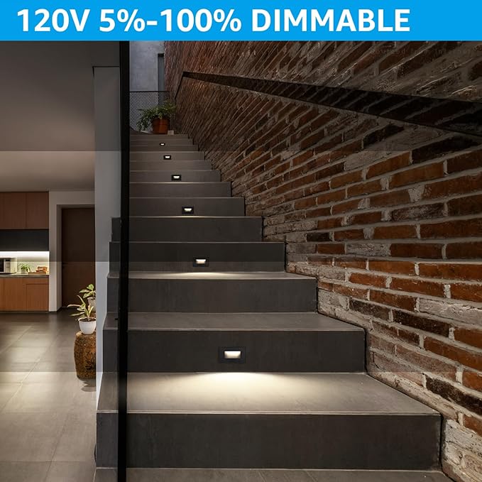LEONLITE Black 5CCT 120V LED Step Lights, 3.5W 150LM 5%-100% Dimmable Horizontal Stair Lights Indoor Outdoor Wet Location, CRI90+ & ETL, 2700K/3000K/3500K/4000K/5000K, Aluminum, Pack of 6
