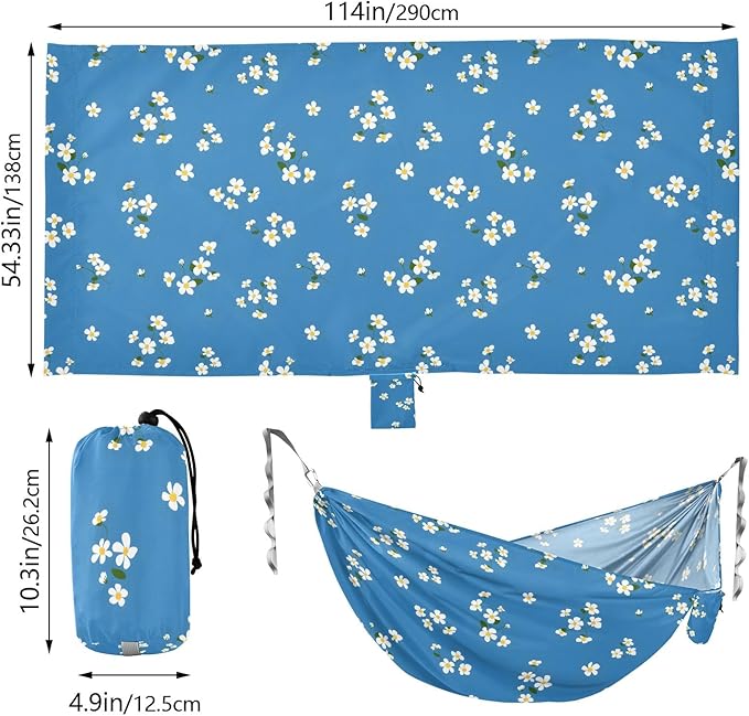 Camping Hammock Outdoor Hammocks for Outside Blue White Flower Beach Trees Portable Lightweight with Pockets Tree Straps Indoor