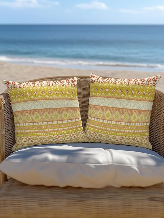 Waterproof Outdoor Pillow Set of 2 Yellow Bohemian Decorative Throw Pillows Cover & Insert 18x18 Inch Pillowcase Boho Style Floral Leaves Geometric Pillows for Couch Sofa Bed Patio Furniture