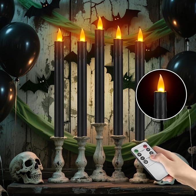 wemarry 6 Pcs Black Flameless Taper Candles with Remote, 10" Tall Electric Led Candlesticks, Plastic Battery Operated Taper Candles for Halloween Dinner Party Wedding Birthday Home Décor(Black Drip)