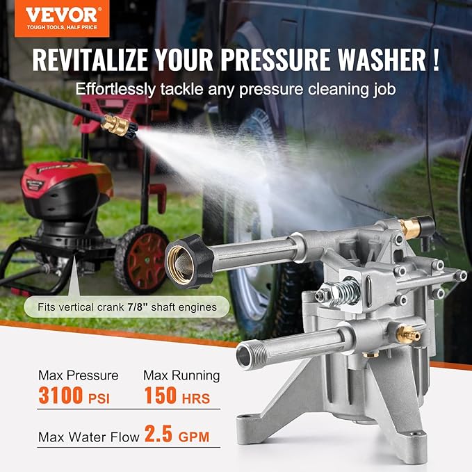 VEVOR Pressure Washer Pump, 7/8" Shaft Vertical, 3100 PSI, 2.5GPM, Replacement Power Washer Pumps Kit with 5 Nozzles, Compatible with Briggs & Stratton, Generac, Devilbiss, Troy Bilt, Honda, Craftsman