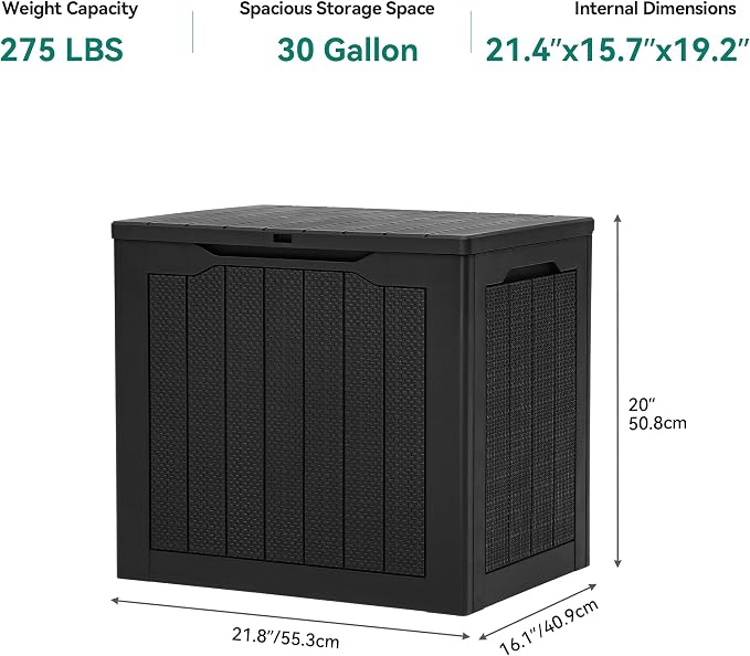 YITAHOME 30 Gallon Resin Deck Box, Weather Resistant Outdoor Rattan Storage Box, Lockable Indoor Outdoor Storage for Supplies and Essentials, Black