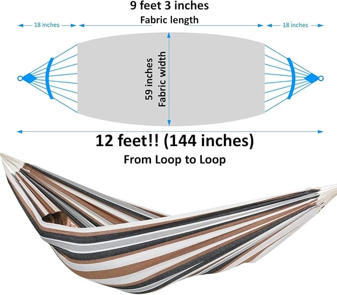 XL Double Brazilian Hammock 260x150cm - Soft Cotton Fabric for 2 People - Ideal for Backyard, Patio, Porch - Indoor/Outdoor Swing Bed with 2 Hanging Ropes Brown