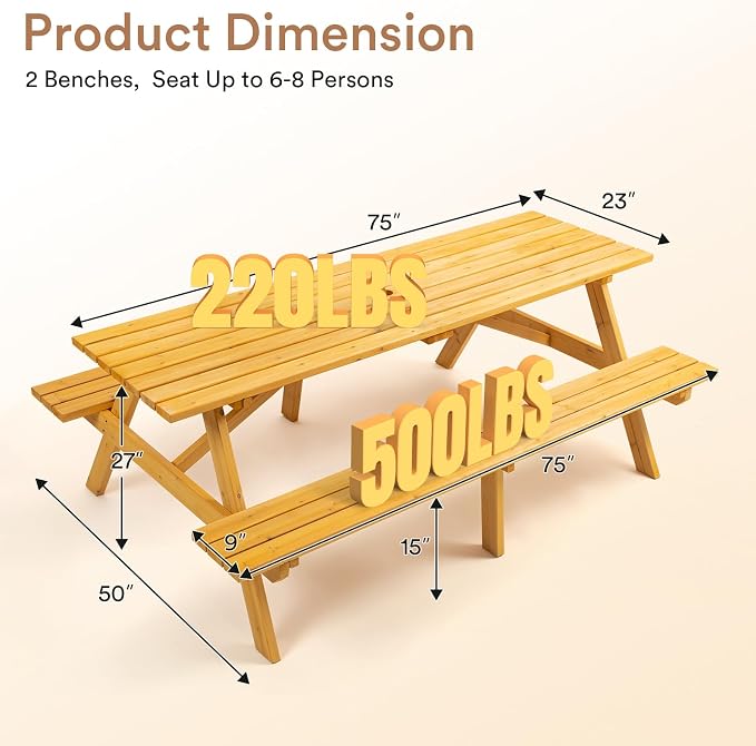 Zevemomo 8 Person Wood Picnic Table, Rectangle Tabletop with Umbrella Hole, 2 Built-in Long Benches, 2220LBS Total Capacity for Gardens, Yards, Pale Wood