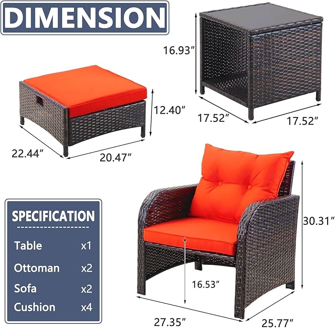5 Pieces Wicker Patio Chairs Set with Ottomans, Orange Cushioned Lounge Chairs Set of 2 with Ottoman, PE Rattan Outdoor Furniture with Ottoman Set for Balcony Porch