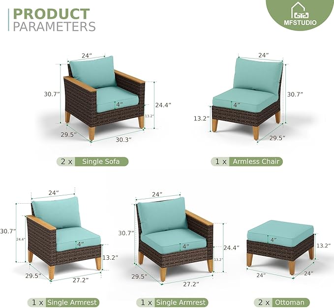 MFSTUDIO 7 Piece Extra Large Wicker Patio Furniture Set, 2 x Single Chair, 2 x Ottoman, 3-Seat Sofa, All-Weather Outdoor PE Rattan Patio Conversation Set for Garden, Backyard(Aqua Blue Cushions)