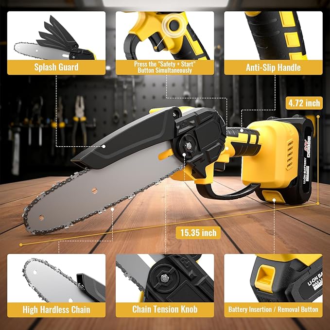 Mini Chainsaw Cordless,6-inch Electric Chain Saw with 2 Lithium Battery Powered,Hand Held Saw for Tree Trimming and Wood Cutting,Best Garden Tools,Unique Gift for boyfriend,father,Men,Yellow