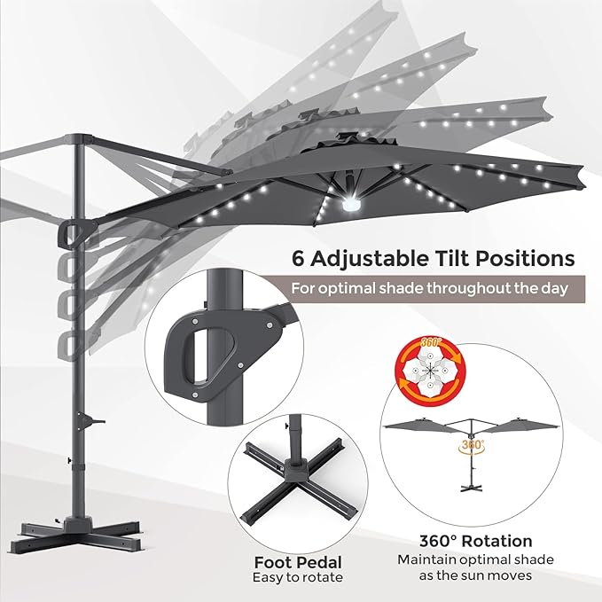 Tangkula 10ft Patio Umbrella with Solar Lights, Offset Cantilever Square Outdoor Umbrella with 35 LED Lights, Aluminum Pole, 360 Degree Rotation, Tilt Adjustment, Air Vent for Pool Deck Yard (Gray)