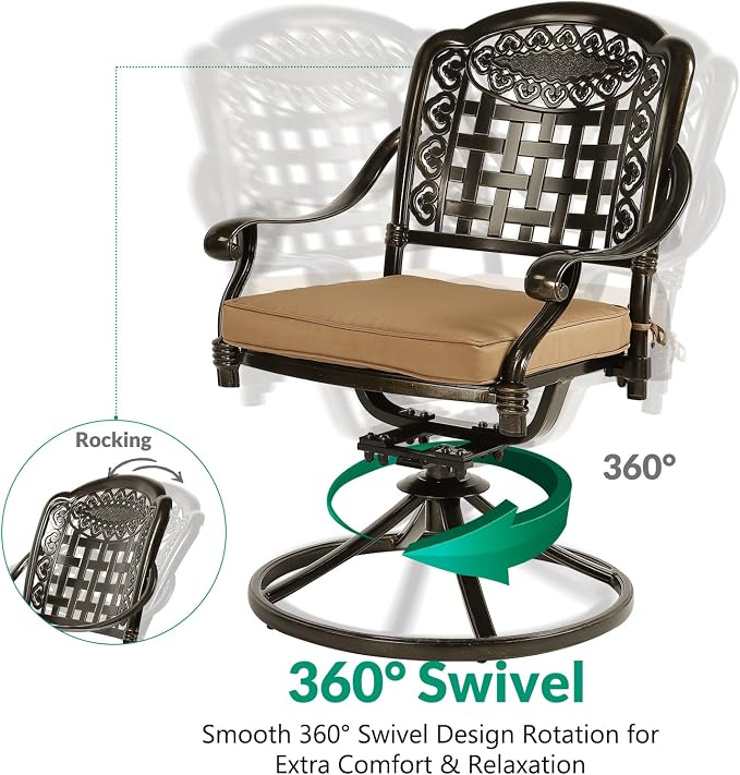 VIVIJASON 7-Piece Outdoor Furniture Dining Set, All-Weather Cast Aluminum Patio Conversation Set, Include 6 Swivel Dining Chairs and a Rectangle Table with Umbrella Hole for Lawn Garden Backyard