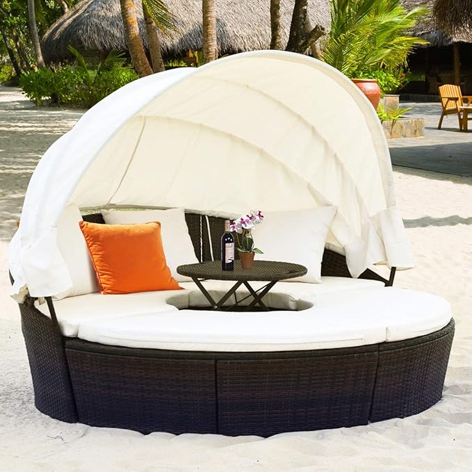 Tangkula Patio Round Daybed with Retractable Canopy, Outdoor Wicker Rattan Furniture Sets, Sectional Sofa Set w/Height Adjustable Coffee Table, Rattan Conversation Sets