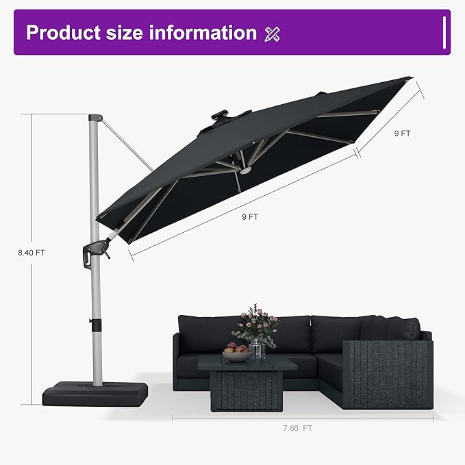 PURPLE LEAF 9 Feet Patio Umbrella with Lights Outdoor Square Cantilever Umbrella Solar Powered LED with 360-degree Rotation for Garden Deck Pool Patio, Black