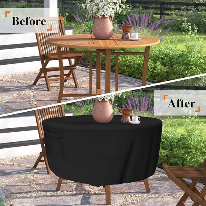 Patio Furniture Covers - Heavy Duty Round Table Cover (110D x 28H Inch) for Outdoor Dining & Coffee Table, Chair - Waterproof & Weather Resistant, Anti UV - Black