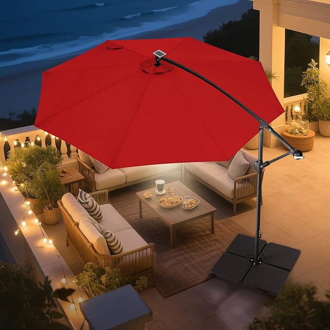 Solar Offset Patio Umbrella - 10 FT Solar Cantilever Umbrella Outdoor with 40 LED Lights and Cross Base, UV Protection for Garden, Deck, Backyard, Pool, Porch, Red