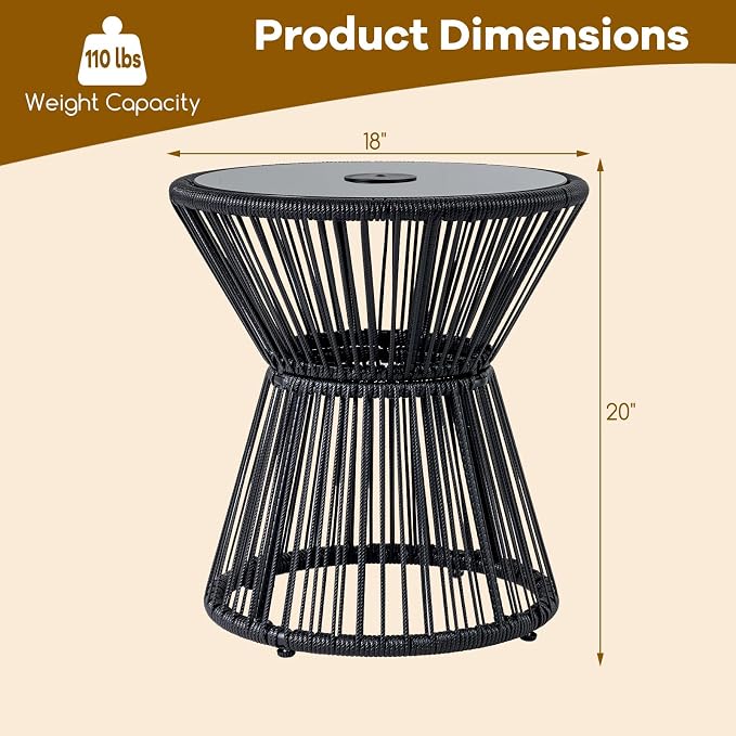 Tangkula Outdoor Side Table with LED Warm Light, PE Rattan Hourglass-Shaped End Table with Tempered Glass Top, Battery Operated Accent Coffee Table for Patio, Porch, Balcony & Living Room (2)