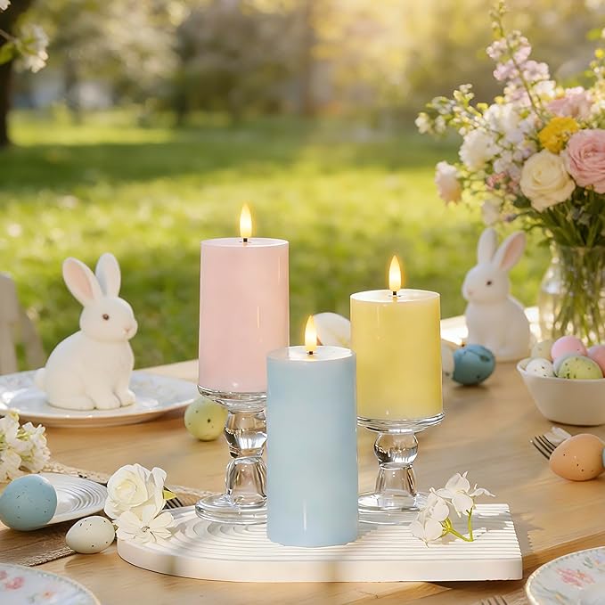 Flameless Easter Candles with Remote, Battery Operated Pastel Spring Candles for Home & Table Decor, Realistic Flickering LED Pillar Candles for Easter & Spring Decor Set of 3