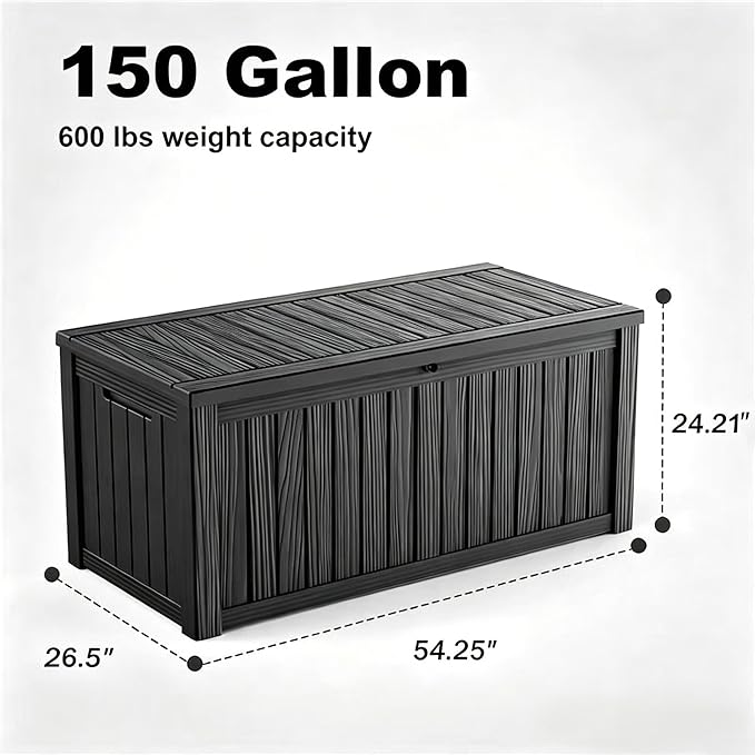150 Gallon Large Outdoor Storage Box Waterproof, UV Resistant Resin Deck Box with Hydraulic Rod & Lockable Latch for Patio Furniture, Outside Storage Box for Garden Tools, Patio Cushions, Black