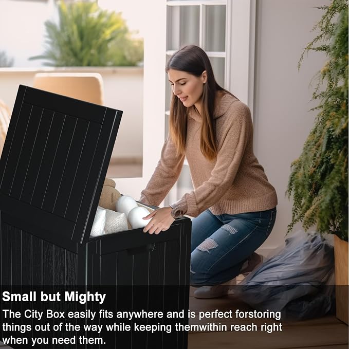 30 Gallon Waterproof Outdoor Resin Deck Box with Lockable Lid, Minimalist Wood Grain Pattern, Easy Assembly Features and Convenient Handles For Cushion, Pillows and other Patio Furniture (Black)
