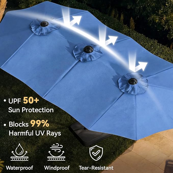Aoxun 15ft Patio Umbrella with Base Included, Outdoor Double-Sided Rectangular Umbrella with Crank Handle & Ventilation, Large Standing Umbrella for Pool, Deck, Lawn, Backyard & Beach