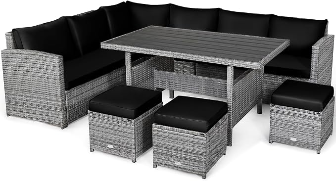 Tangkula 7 Pieces Patio Furniture Set, Outdoor Sectional Rattan Sofa Set with Cushions, All Weather Wicker Conversation Couch Set w/Dining Table & Ottomans for Backyard Garden Poolside, Black