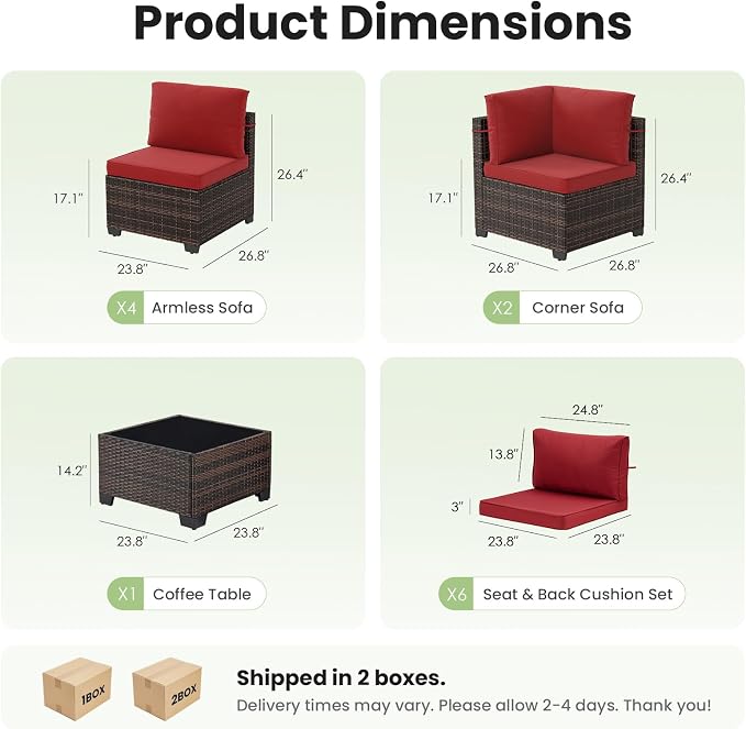 Soohow 7-Piece Patio Furniture Set, Outdoor Conversation Set, Thickened All-Weather Rattan Sectional Sofa with Tempered Glass Table for Garden, Porch, Backyard - Wine Cushions
