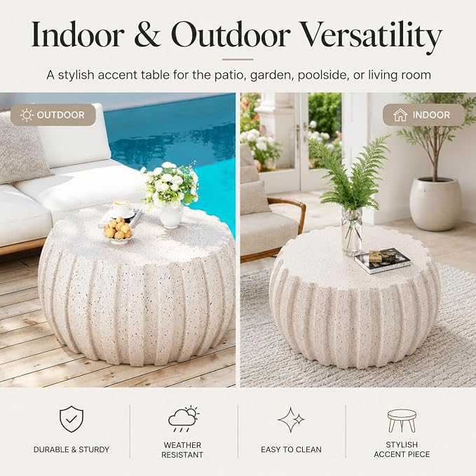 35.43" Concrete Outdoor Table,Modern Round Stone Coffee Table,Waterproof Outdoor Coffee Table for Patio for Terraces, Gardens, Backyards and Living Rooms (White, 35.43")