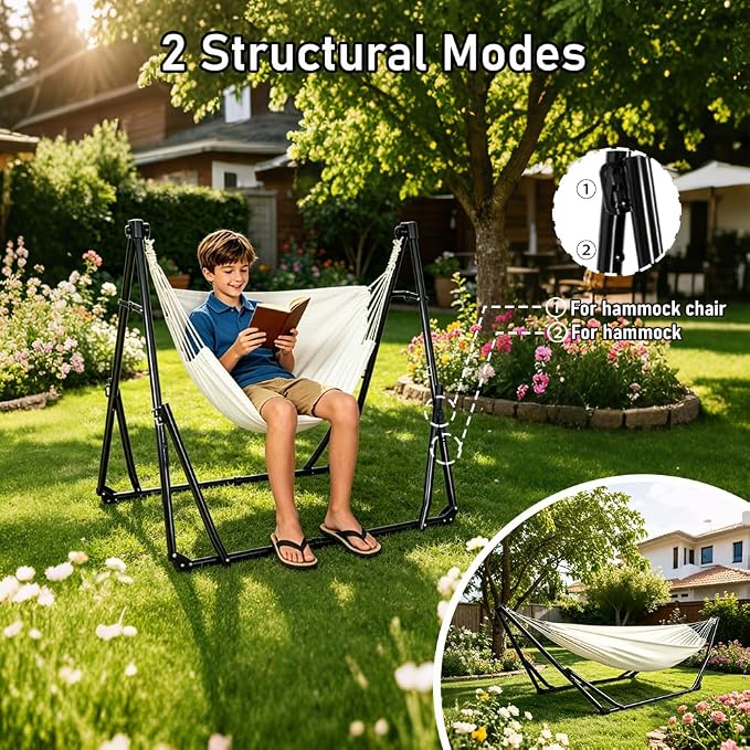 2-in-1 Kids Hammock Chair with Stand, Foldable Steel Frame Holds 220 LBS | Convertible swing hammock chair for lounging, rustproof frame, no-tool setup, carry bag for playroom yard camping indoor use