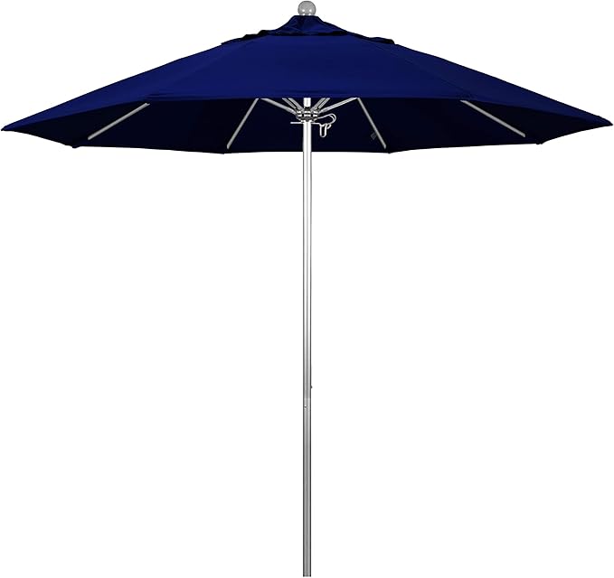 California Umbrella 9' Rd. Venture Series Contract Grade Patio Umbrella, Push Open Pin Stop, Silver Finish, Sunbrella True Blue