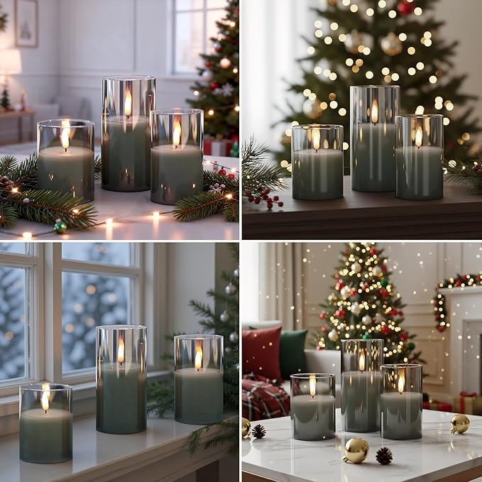 GenSwin Glass Flameless Candles with Remote Battery Operated Flickering LED Pillar Candles Real Wax 3D Wick for Wedding Festival Home Decoration(Gray,Pack of 3)