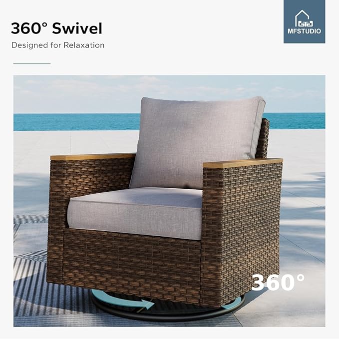 MFSTUDIO 8 Piece Wicker Patio Furniture Sets with Fire Pit Table, 2 x Swivel Chair, 2 x Ottoman, 3-Seat Sofa, All-Weather PE Rattan Patio Conversation Set Sectional Sofas for Garden(Beige Cushions)