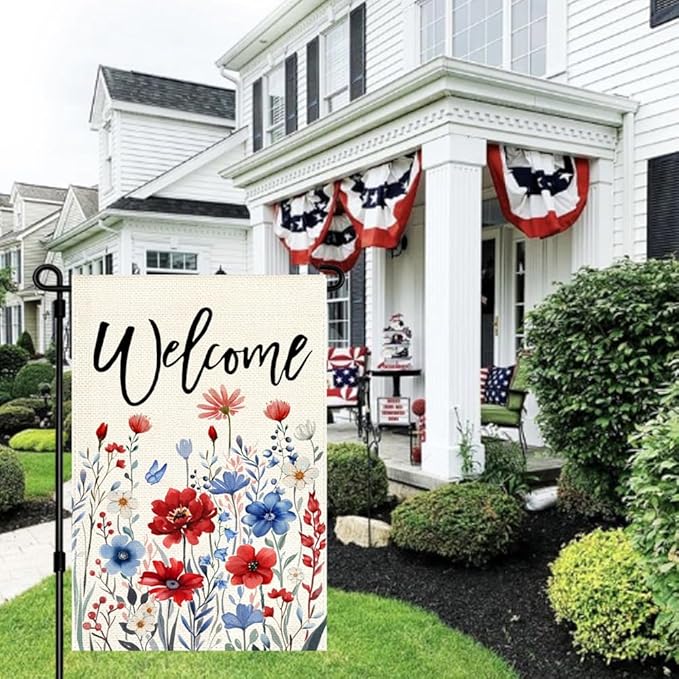 RABUSOFA 4th of July Memorial Day Patriotic Garden Flag 12x18 Inch Double Sided,Red White and Blue Floral Yard Outdoor Decoration Small