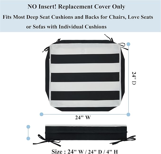 FUNHOME 2 Pack Outdoor Cushion Covers 24" x 24" x 4", No Insert! Water-Resistant Patio Chair Seat Cushion Covers with Zipper and Tie, Replacement Cover Only(Black White Stripe)