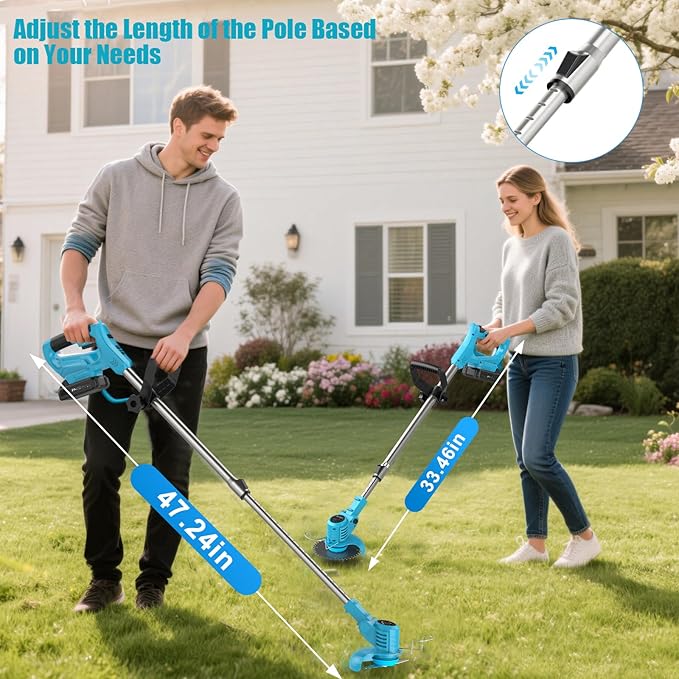 Weed Wacker, Cordless String Trimmer 21V with 2 Batteries 2.0Ah, 2 Types Metal Blades Powered Grass Trimmer, Pruning Shears, Adjustable Pole Weed Trimmer for Garden and Yard Lawn, Blue