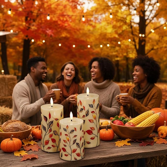 Tuanse 3 Pcs Thanksgiving Fall Flameless Candles Maple Leaf LED Candle Lights Battery Operated Candles Mixed Size Flickering LED Light for Fall Thanksgiving Halloween Harvest(Red Maple Leaf)