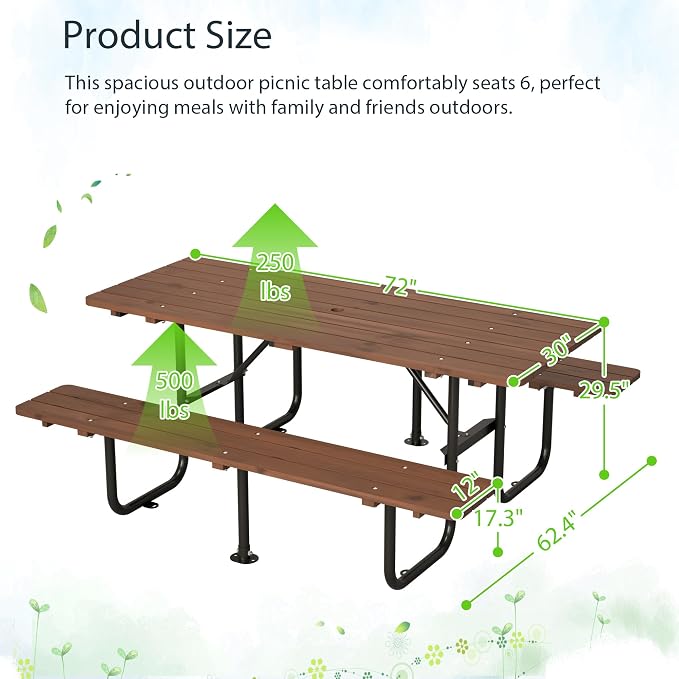 Outdoor Picnic Table with Benches, 6 - Person Picnic Table, Wooden Patio Dining Set, 1.97'' Umbrella Hole, Waterproof and Rounded Corners Design for Backyard, Garden, Park, Restaurant, Picnic, Natural