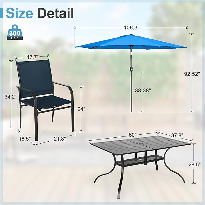 Crownland 7 Piece Patio Dining Set, Outdoor Textilene Dining Sets, 6 Textilene Metal Chairs and Rectangular Outdoor Dining Table with Sky Blue 9FT Round Outdoor Umbrella (Blue)