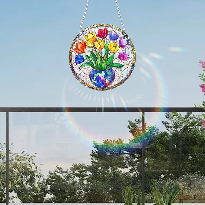 Acrylic Suncatcher Window Hanging, Tulip Flower Sun Catcher Rainbow Indoor Window Decoration for Living Room Bedroom Summer Home Balcony Ornaments, 7.87 inches
