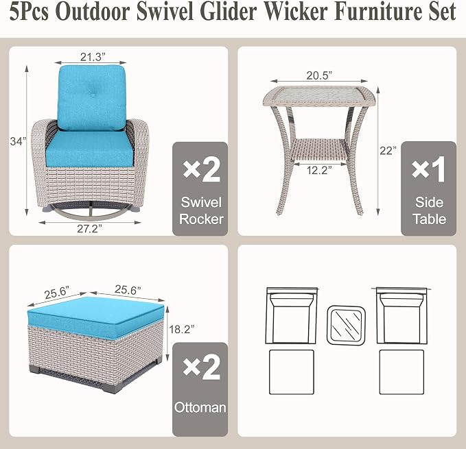 5-Piece Patio Furniture Set, Outdoor Swivel Rocking Chairs Set with Ottomans,All Weather Conversation Set for Porch Poolside Balcony,Cyan